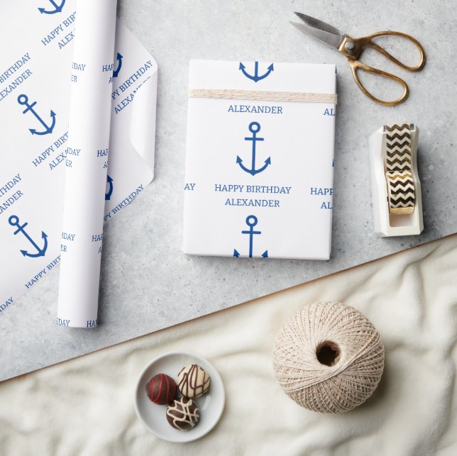 Simple Blue and White Nautical Anchor Personalised Wrapping Paper (Crafts)