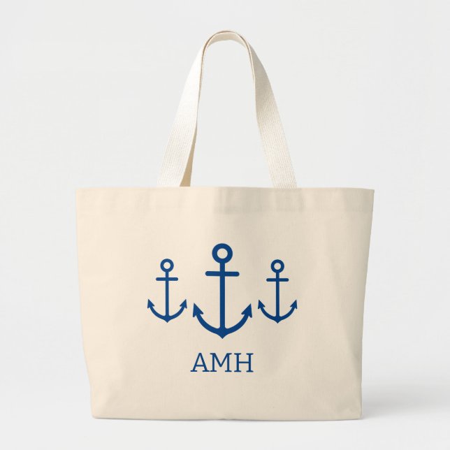 Simple Blue and White Nautical Anchors Monogram Large Tote Bag (Front)
