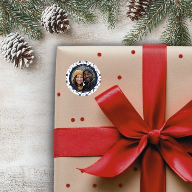 Simple Blue and White Snowflake Christmas Photo  Classic Round Sticker (Simple Blue and White Snowflake Christmas Photo Classic Round Sticker)