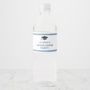 Simple Blue and White Sporty Graduation Party Water Bottle Label