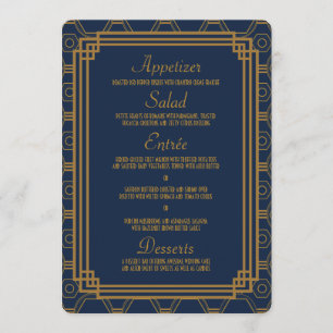 Simple Blue Art Deco Wedding Menu Cards