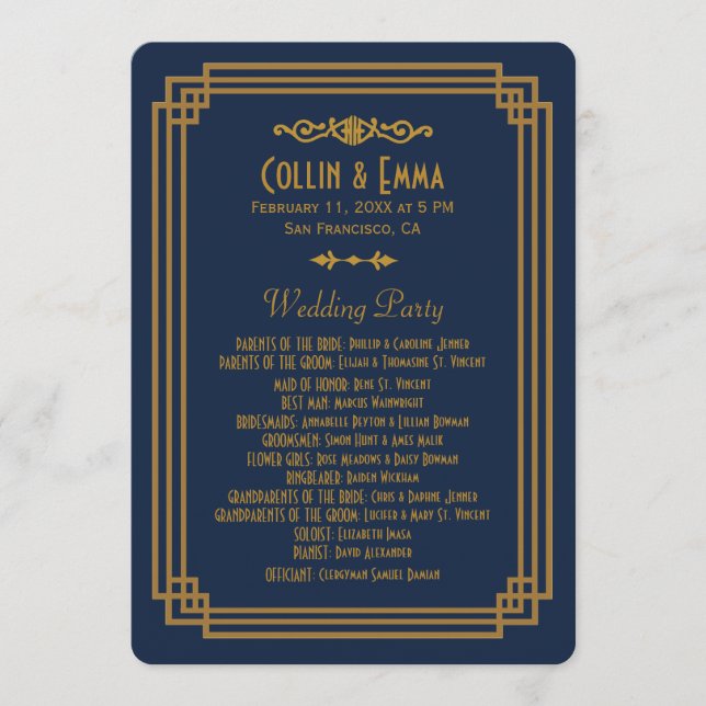 Simple Blue Art Deco Wedding Programs (Front)