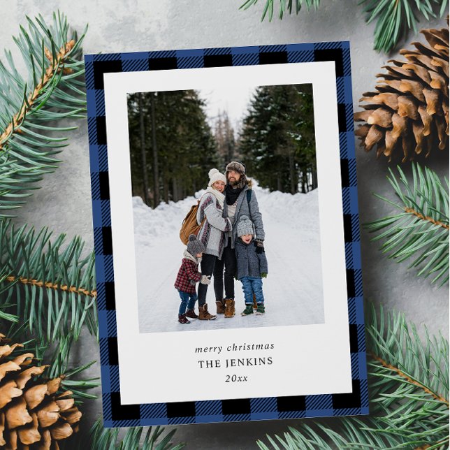 Simple Blue Black Plaid Border 2 Photos Christmas Holiday Card (Creator Uploaded)