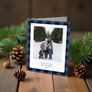 Simple Blue Black Plaid Border 3 Photo Christmas Holiday Card