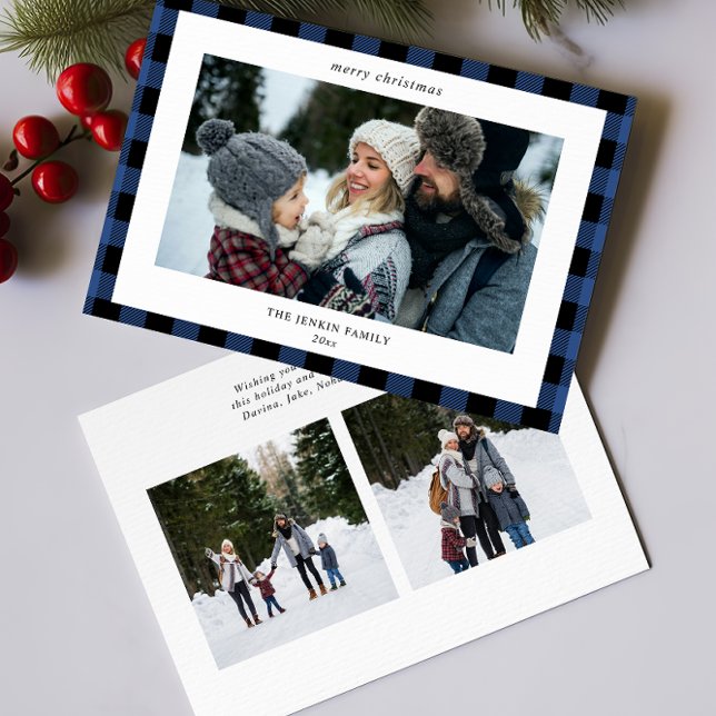 Simple Blue Black Plaid Border 3 Photo Christmas Holiday Card (Creator Uploaded)
