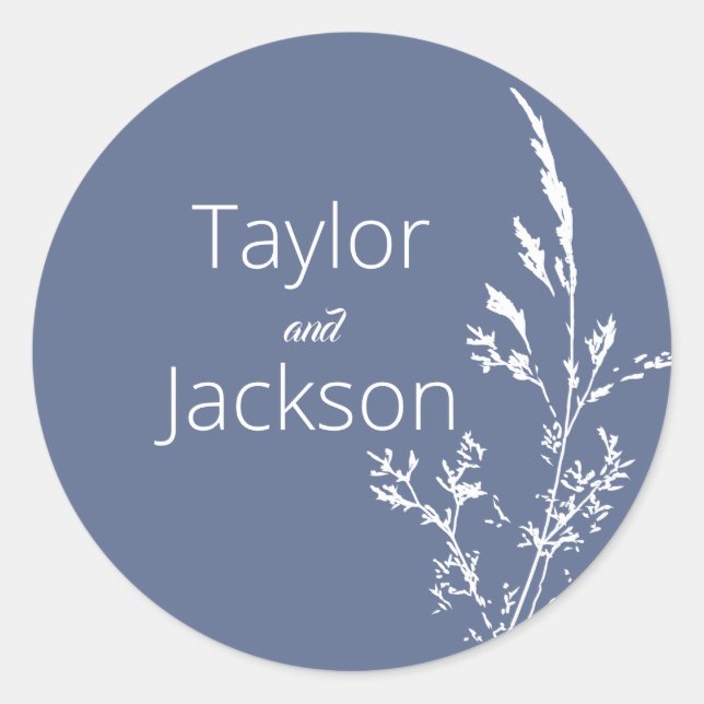 Simple Blue Botanical Wedding Classic Round Sticker (Front)