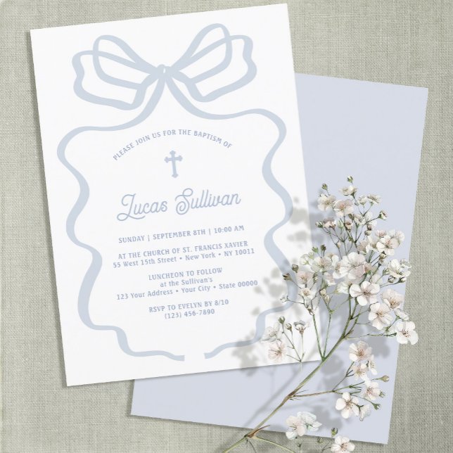 Simple Blue Bow Baptism Invitation (Creator Uploaded)
