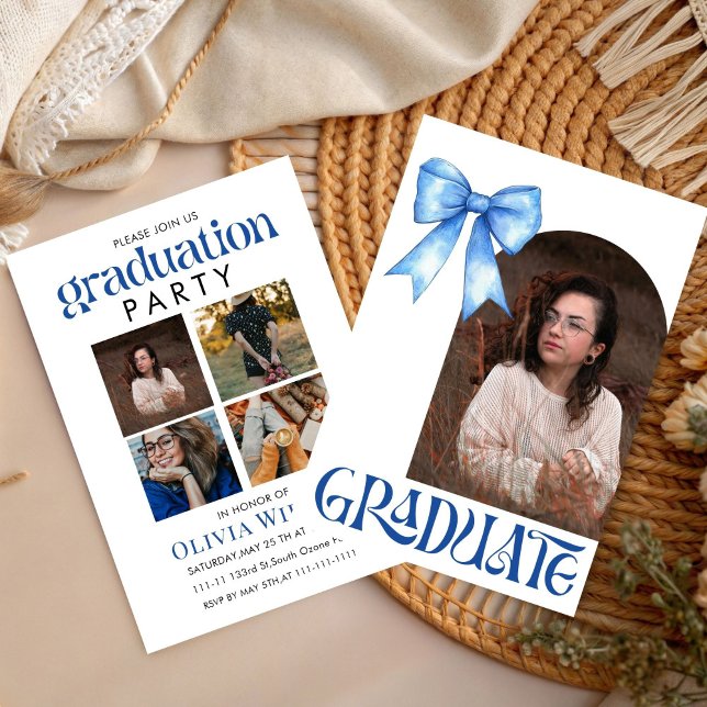 Simple Blue Bow Design Graduation with Photos Invitation (Creator Uploaded)