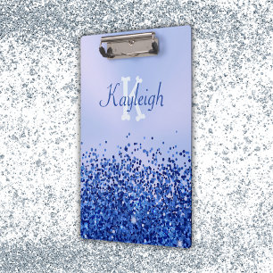 Simple Blue Brushed Metal and Glitter Monogram   Clipboard