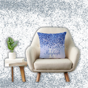 Simple Blue Brushed Metal and Glitter Monogram Cushion