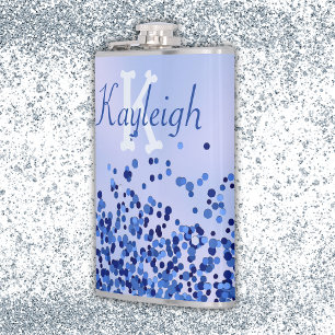 Simple Blue Brushed Metal and Glitter Monogram   Hip Flask