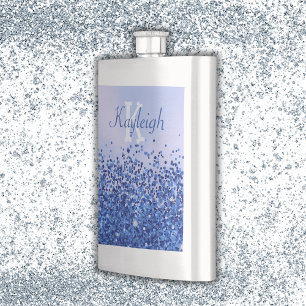 Simple Blue Brushed Metal and Glitter Monogram Hip Flask