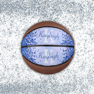 Simple Blue Brushed Metal and Glitter Monogram Mini Basketball