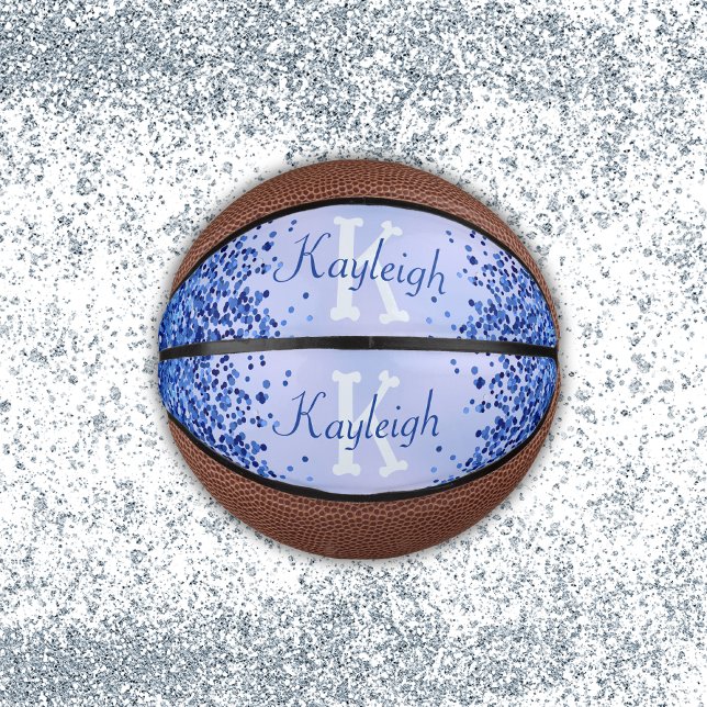 Simple Blue Brushed Metal and Glitter Monogram | Mini Basketball (Creator Uploaded)