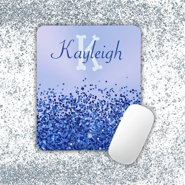 Simple Blue Brushed Metal and Glitter Monogram | Mouse Pad (Creator Uploaded)