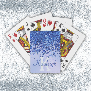 Simple Blue Brushed Metal and Glitter Monogram Playing Cards