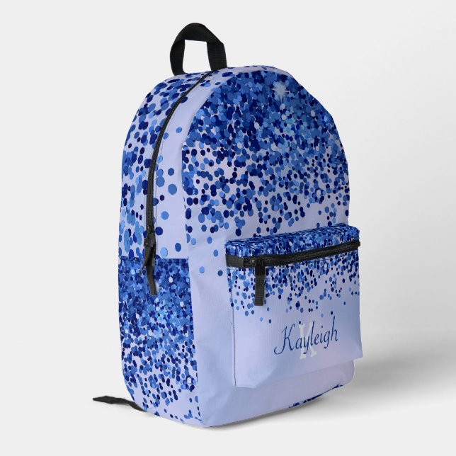 Simple Blue Brushed Metal and Glitter Monogram | Printed Backpack (Back Corner Left)