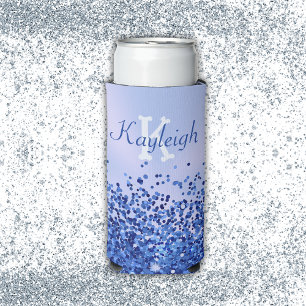 Simple Blue Brushed Metal and Glitter Monogram   Seltzer Can Cooler