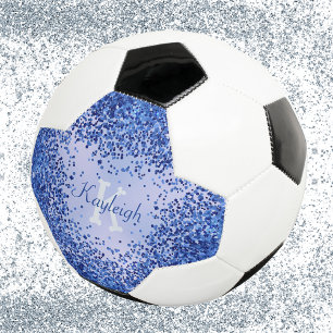 Simple Blue Brushed Metal and Glitter Monogram Soccer Ball