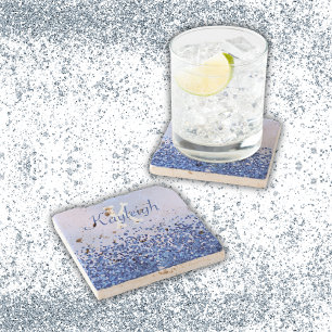 Simple Blue Brushed Metal and Glitter Monogram   Stone Coaster