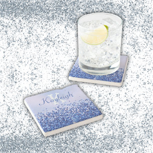 Simple Blue Brushed Metal and Glitter Monogram Stone Coaster