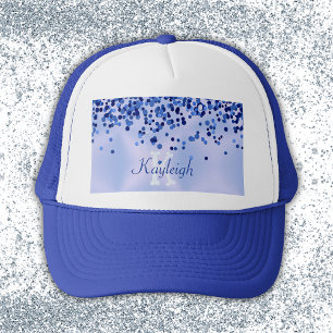 Simple Blue Brushed Metal and Glitter Monogram Trucker Hat