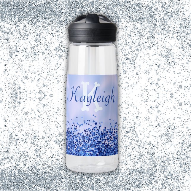 Simple Blue Brushed Metal and Glitter Monogram | Water Bottle (Creator Uploaded)