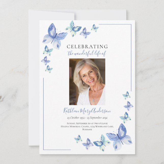 Simple Blue Butterfly Celebration of Life Invitati Invitation (Front)