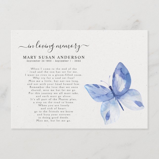 Simple Blue Butterfly Memorial Service Insert (Front)