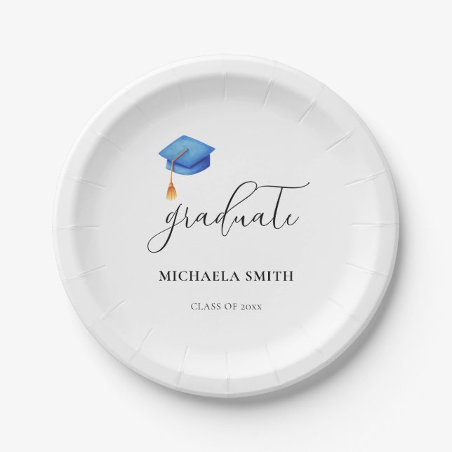 Simple Blue Cap Script High School Graduate Paper Plate (Front)