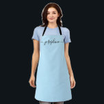Simple Blue Chic Elegant Name Script Apron<br><div class="desc">She'll love a personalised apron as she bakes those goodies, cooks delicious dishes or work with her plants. A perfect gift to encourage her talents. Black script for the name with long-tail embellishments on blue.</div>