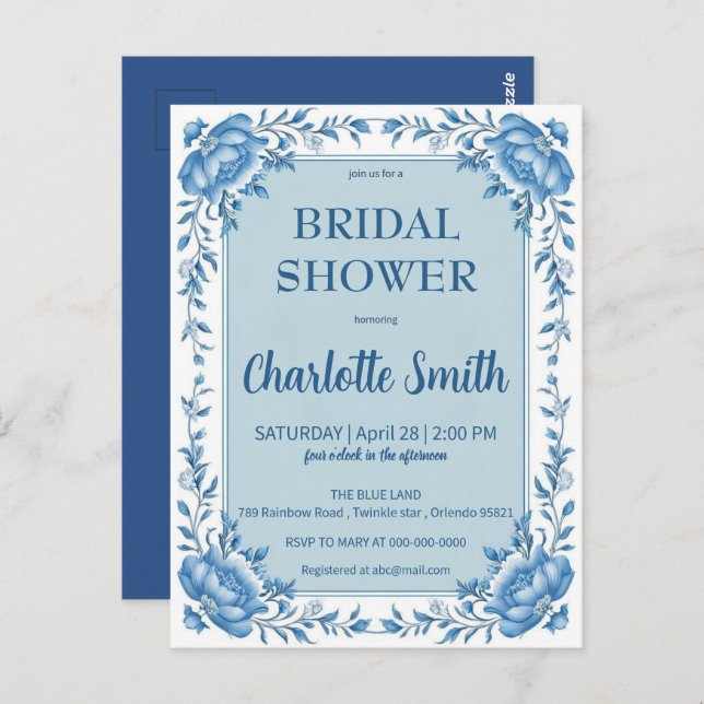 Simple Blue Chinoiserie flower bridal shower Postcard (Front/Back)