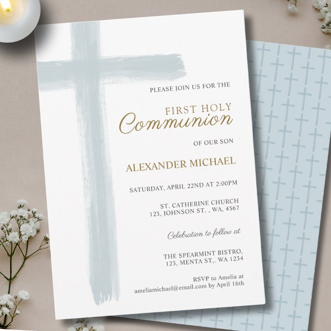 Simple Blue Cross Boy First Holy Communion Invitation (Creator Uploaded)
