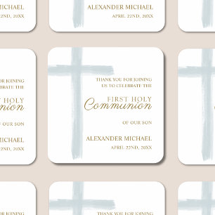 Simple Blue Cross First Holy Communion Thank You Square Sticker