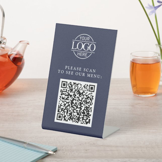 Simple Blue Custom Business Logo QR Code Menu  Pedestal Sign (In SItu)