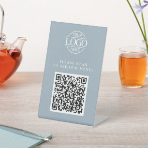 Simple Blue Custom Business Logo QR Code Menu Pedestal Sign