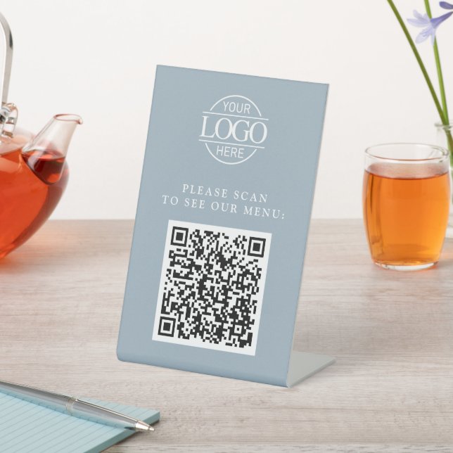 Simple Blue Custom Business Logo QR Code Menu  Pedestal Sign (In SItu)