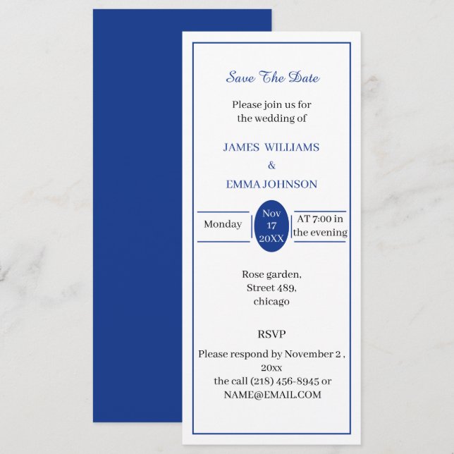 Simple Blue Customisable Save The Date Invitation (Front/Back)