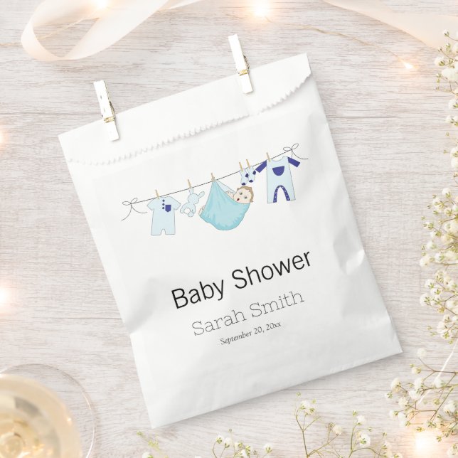 Simple Blue Cute Boy Clothesline Baby Shower  Favour Bag (Clipped)