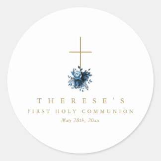 Simple Blue Floral Cross First Holy Communion Classic Round Sticker