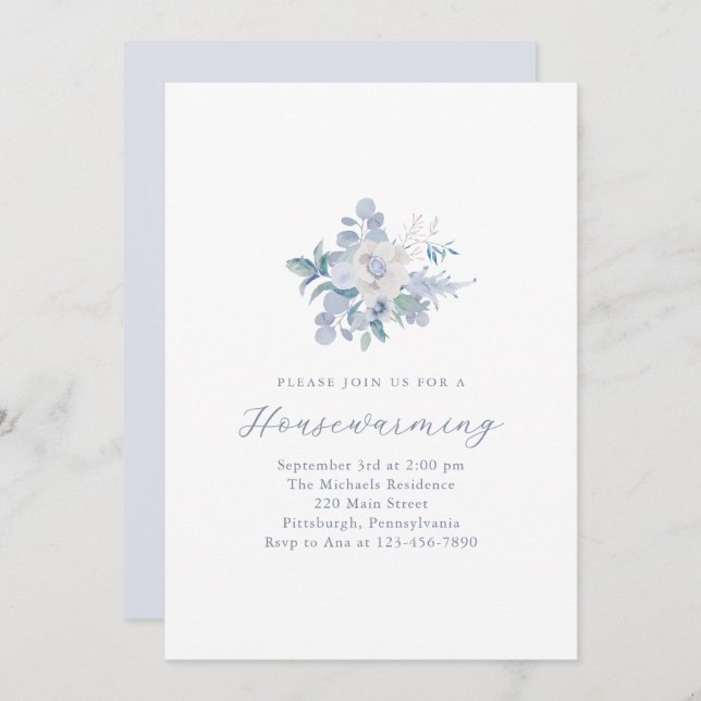 Simple Blue Floral New Home Housewarming Party Announcement (Front/Back)