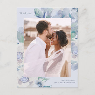 Simple Blue Floral One Photo Wedding Thank You Postcard