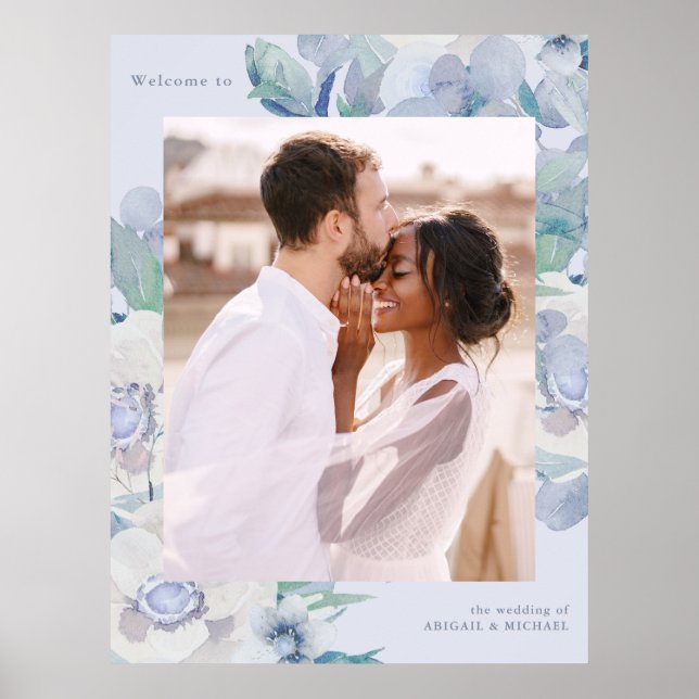 Simple Blue Floral One Photo Wedding Welcome Poster (Front)