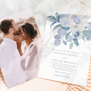 Simple Blue Floral Photo Wedding Invitation
