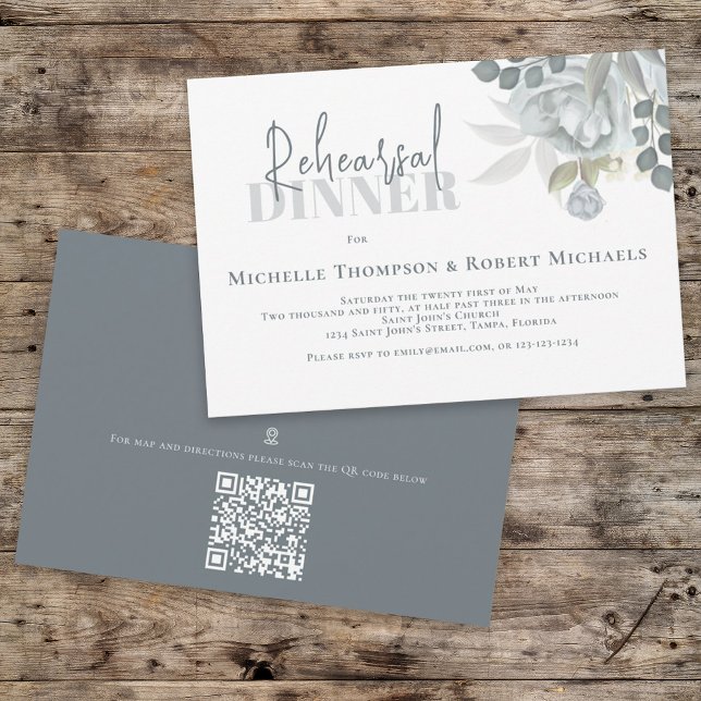 Simple Blue Floral Rehearsal Dinner QR Code Map Invitation (Creator Uploaded)
