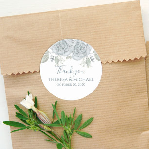 Simple Blue Floral Rose Thank You Elegant Favour Classic Round Sticker