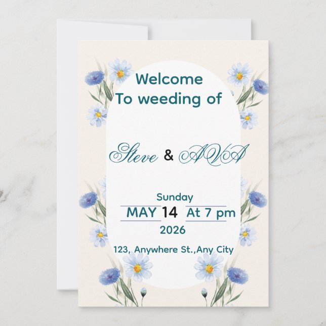 Simple Blue Floral Wedding Invitation (Front)