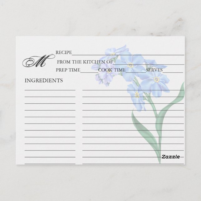Simple Blue Forget-Me-Not Floral Recipe Cards (Back)