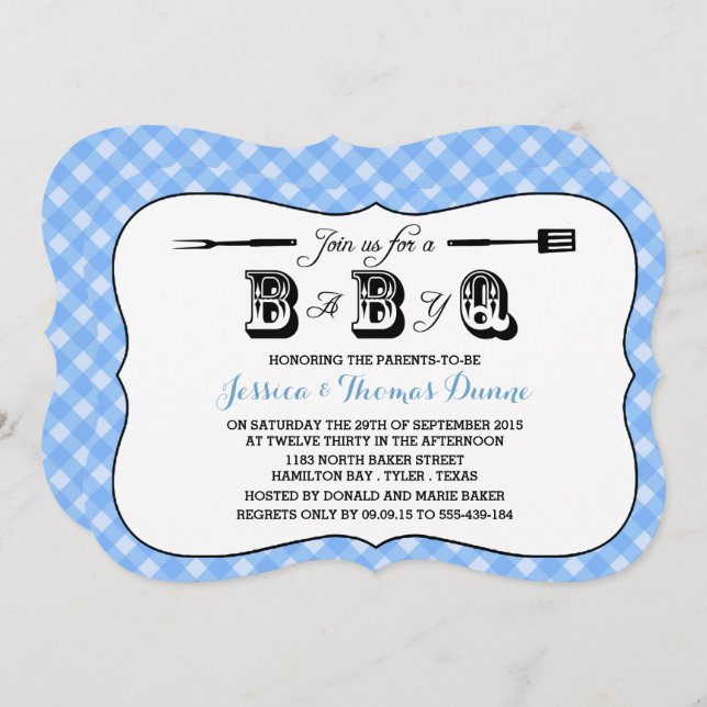 Simple Blue Gingham BBQ Baby Shower Invitations (Front/Back)