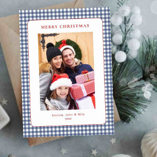 Simple Blue Gingham Christmas Photo Holiday Card